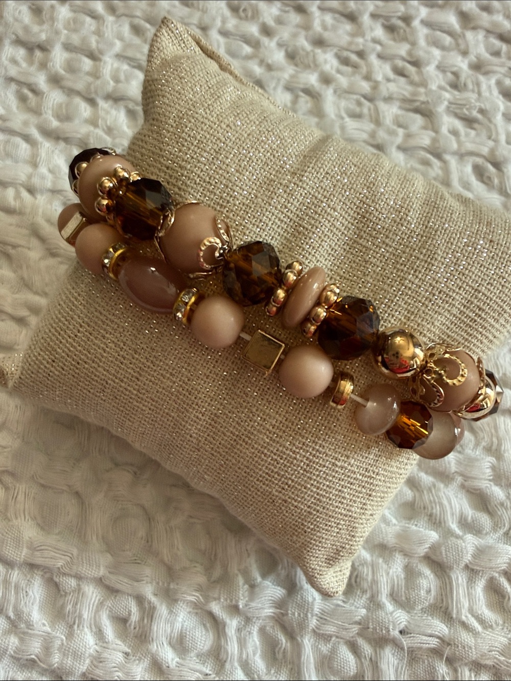Gold and Beige Bohemian Beaded Stretch Bracelet Set - NWOT